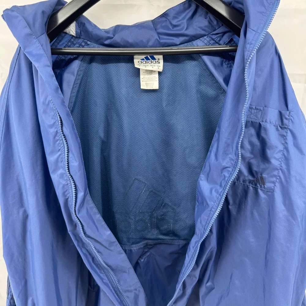 Adidas Windbreaker Jacket Mens Large Blue Full Zip Packable Hood‎ Mesh Lined